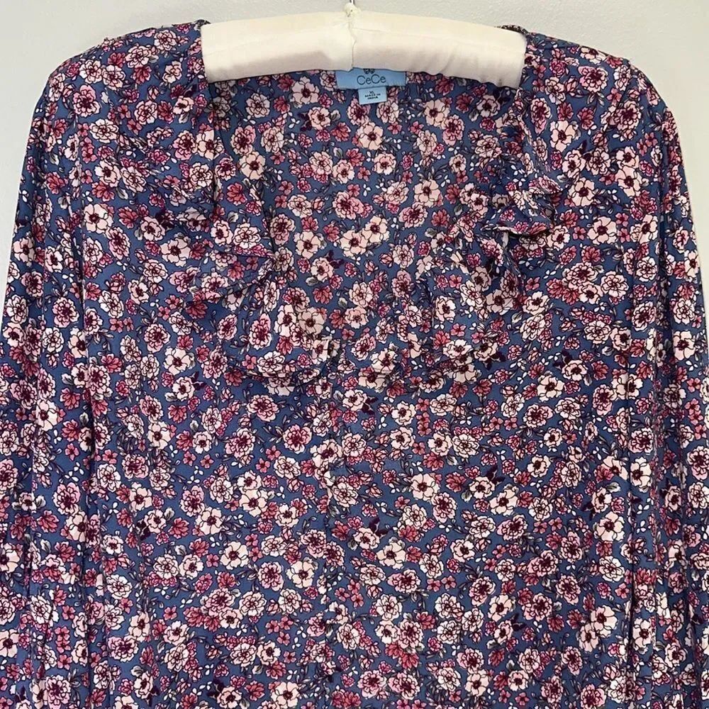 CeCe XL Blue Pink Fuchsia Ruffle V-Neck Neck Long Sleeve Floral Blouse - Picture 3 of 9